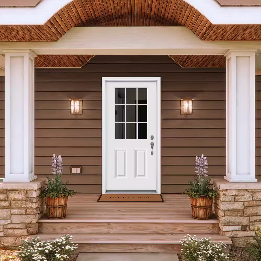 JELD-WEN 36 in. x 80 in. 9 Lite Primed Fiberglass Prehung Entry Door with Brickmould
