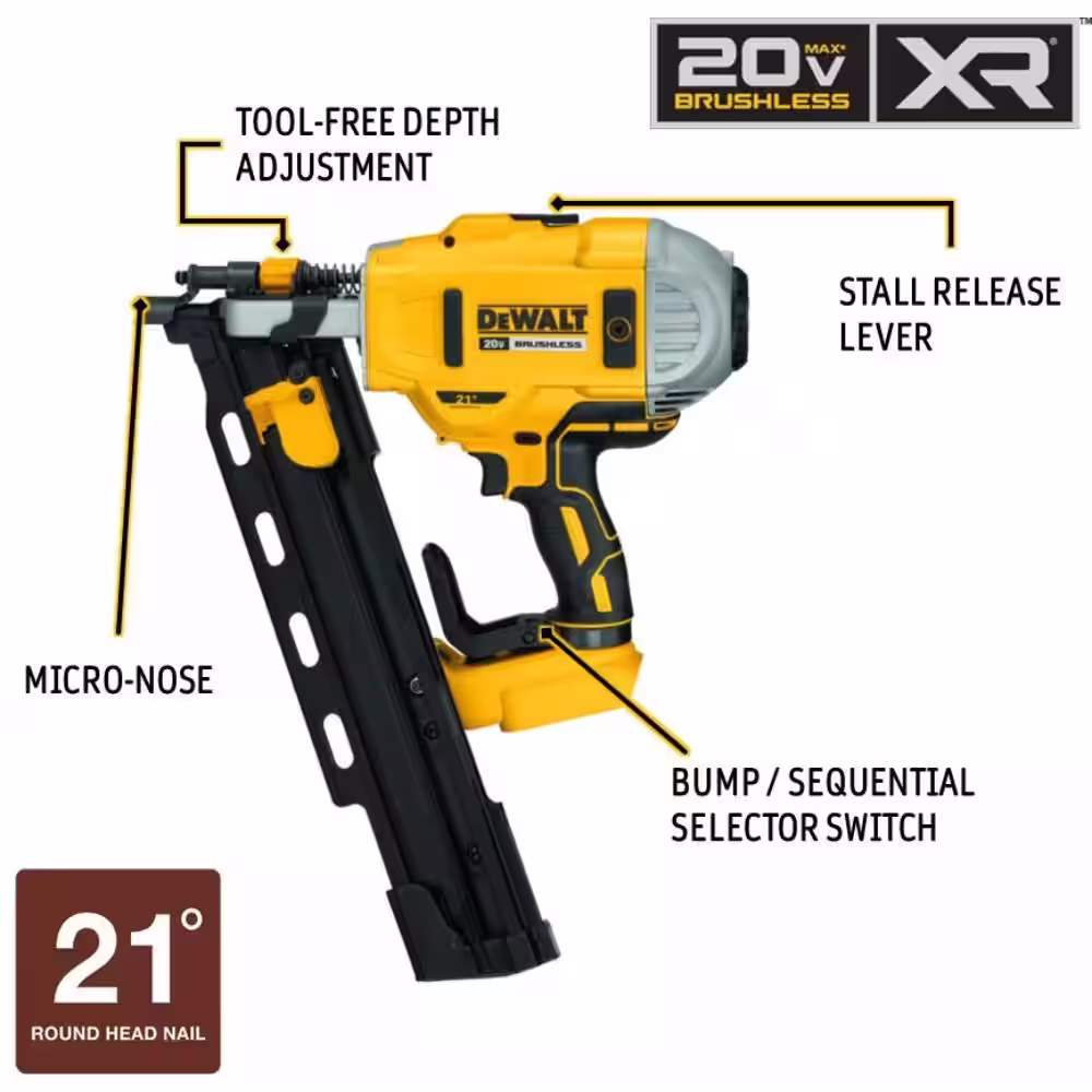 DEWALT 20V MAX XR Cordless Brushless 2-Speed 21-Degree Plastic Collated Framing Nailer & Brushless Cable Stripper (Tools-Only)
