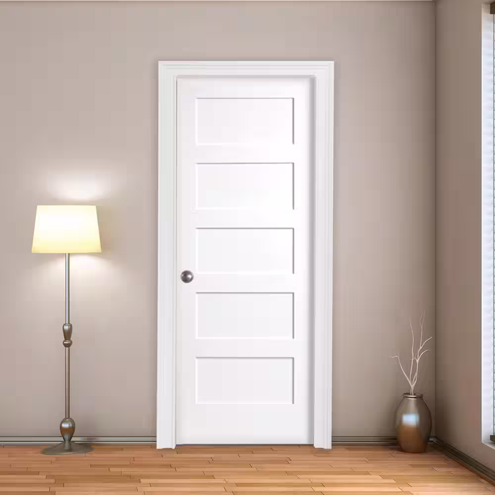 Steves & Sons 30 in. x 80 in. 5-Panel White Primed Shaker Solid Core Wood Interior Door Slab