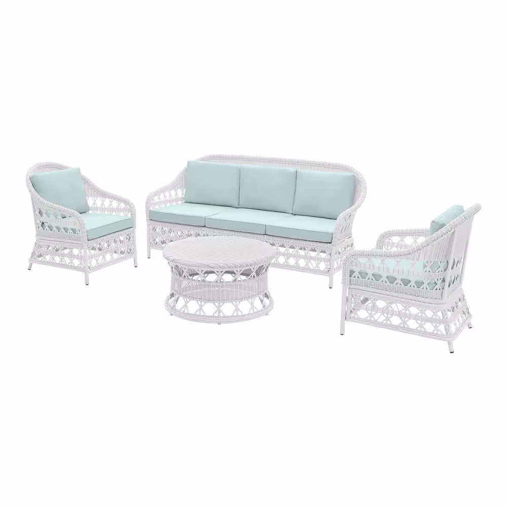 Hampton Bay Somersound 4-Piece Resin Wicker Patio Conversation Chat Set with CushionGuard Sea Breeze Cushions