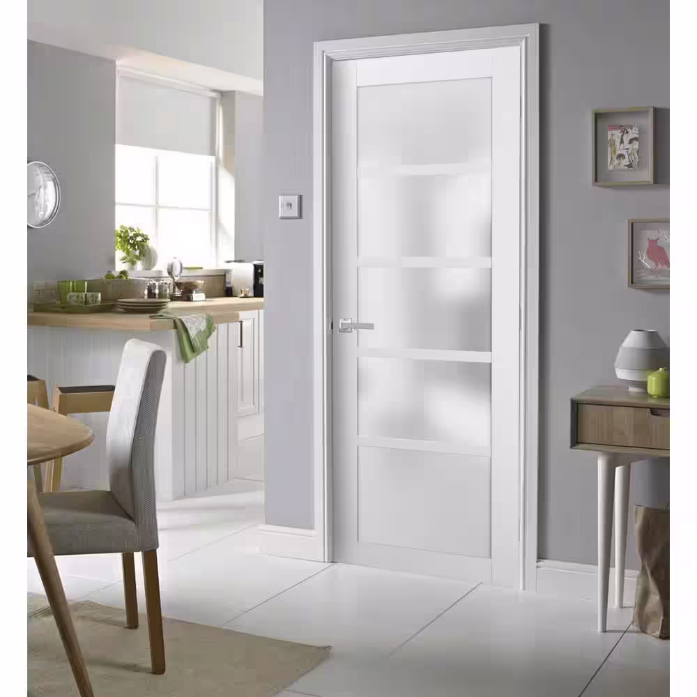 Sartodoors 4002 42 in. x 80 in. Single Panel No Bore Frosted Glass White Finished Pine Wood Interior Door Slab