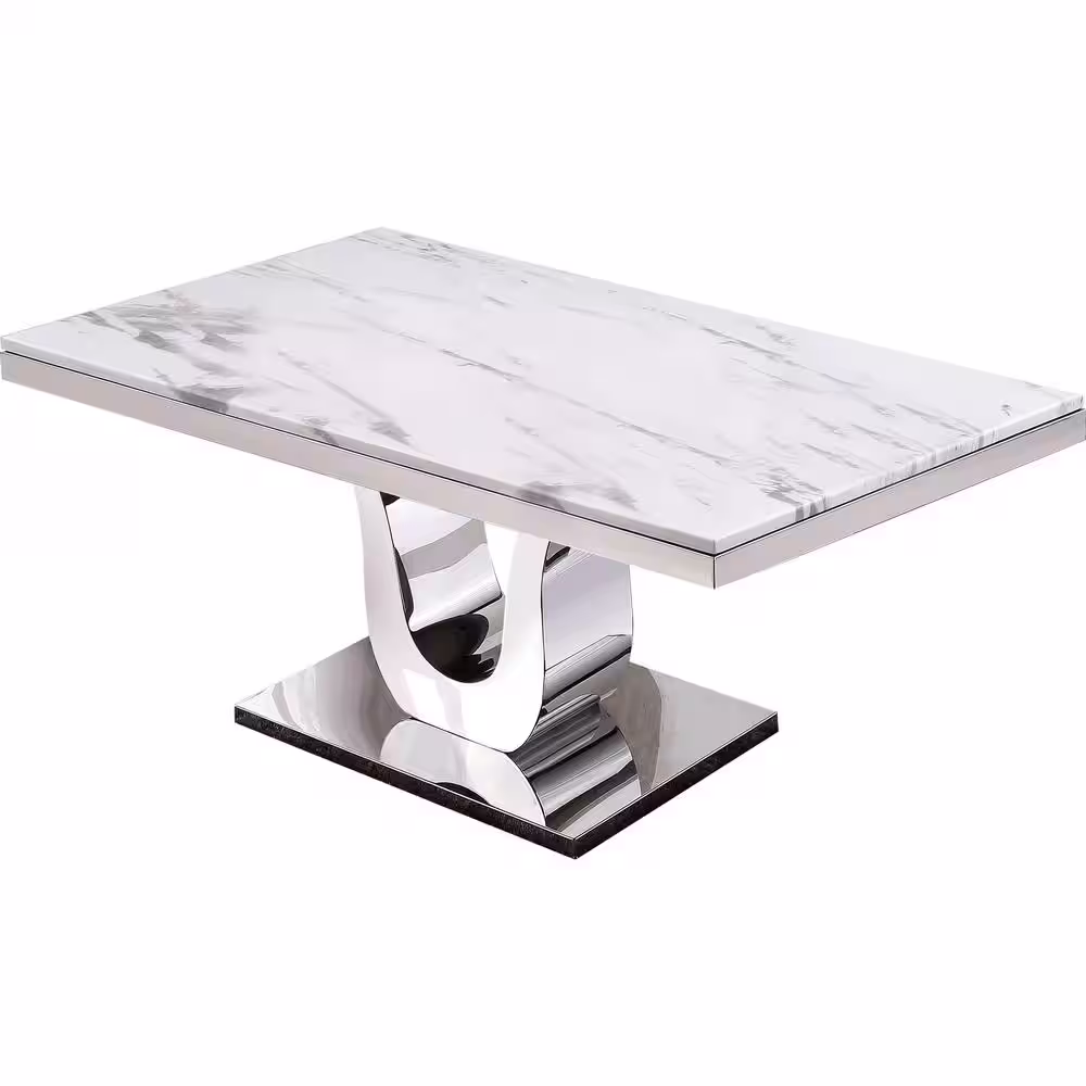 None Ada 7-Piece White Marble Top with Stainless Steel Base Table Set with 6-Long Back White Faux Leather Chairs