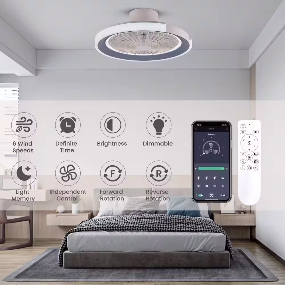 None 20 in. Indoor White Ceiling Fan with Dimmable LED Lighting Low Profile Flush Mount Ceiling Fan with Remote