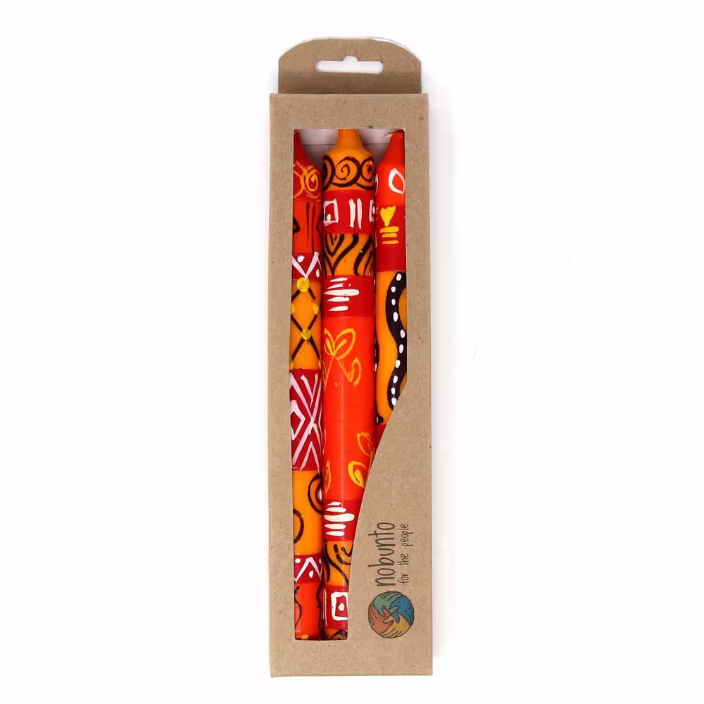 Global Crafts Unscented Hand-Painted Red Dinner Candles, Boxed Set of 3 (Zahabu Design)