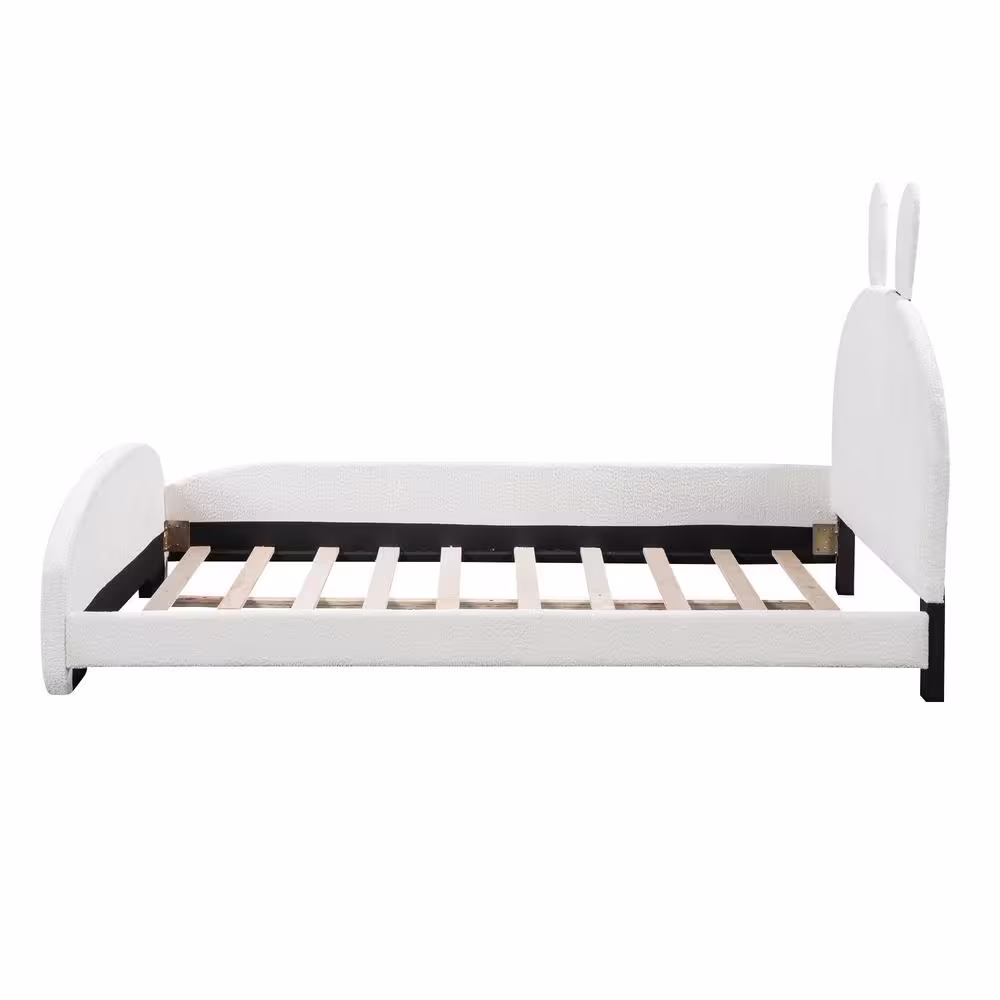 Harper & Bright Designs White Wood Full Size Teddy Fleece Upholstered Platform Bed with Cartoon Ears Shaped Headboard and One Side BedRail