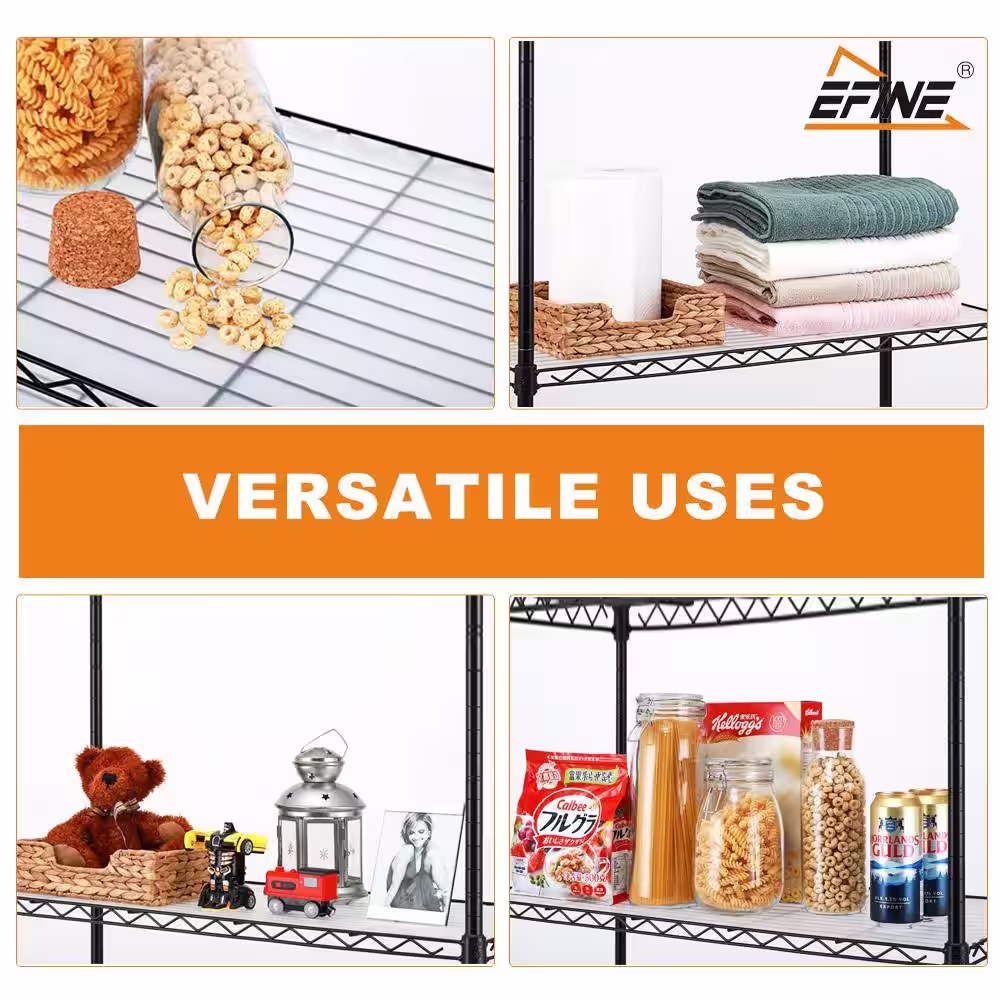 EFINE Black 4-Tier Carbon Steel Wire Garage Storage Shelving Unit with 8 Hooks (23.6 in. W x 47 in. H x 14 in. D)