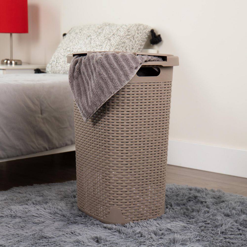 Mind Reader Basket Collection, Plastic Slim Laundry Hamper, 60 Liter (15kg/33lbs) Capacity, Attached Hinged Lid, Set of 2, Tan
