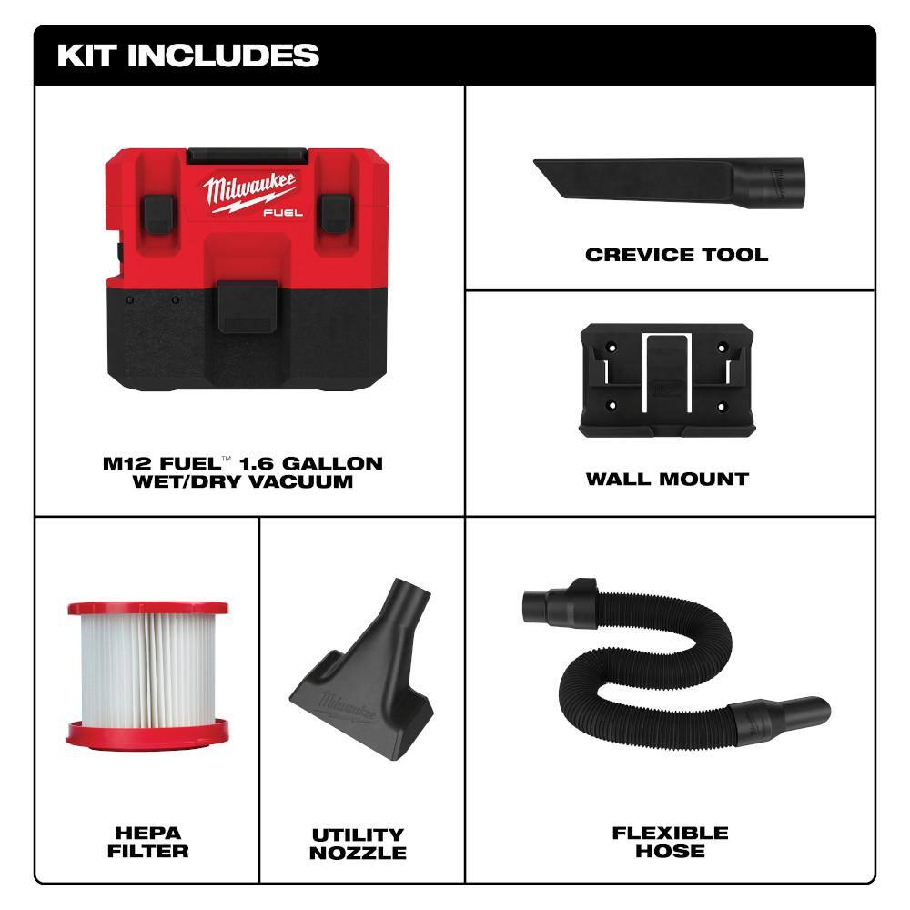 Milwaukee M12 FUEL 12-Volt Lithium-Ion Cordless 1.6 Gal. Wet/Dry Vacuum with 6 Ah/4 Ah/2 Ah Extended Capacity Battery Packs