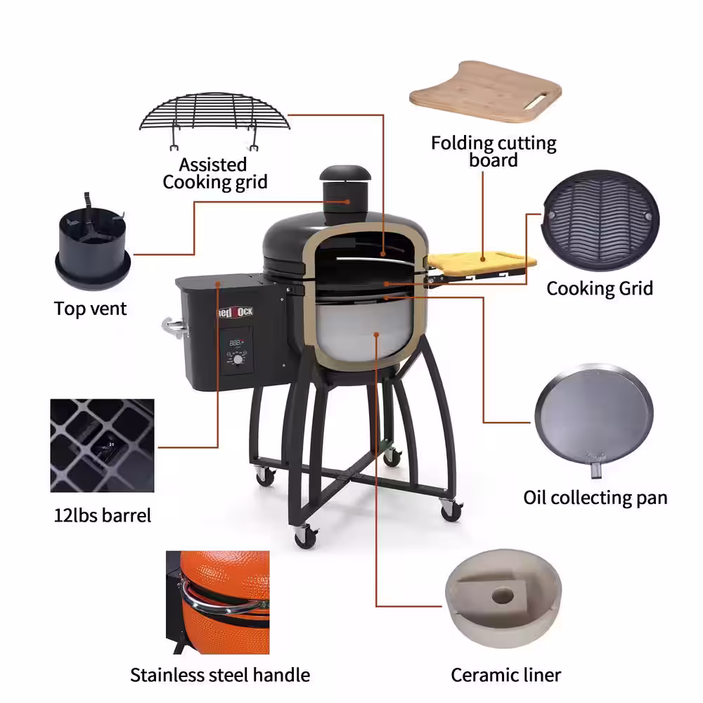 None 24 in. 4-in-1 Ceramic Pellet Grill with 19.6 in. Dia Gridiron Double Ceramic Liner for Outdoors Patio, Orange