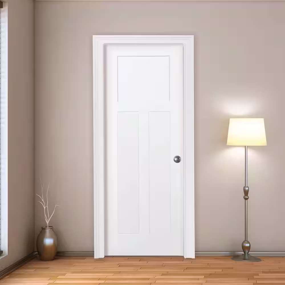 Steves & Sons 30 in. x 80 in. 3-Panel Mission White Primed Shaker Solid Core Wood Interior Door Slab with Bore