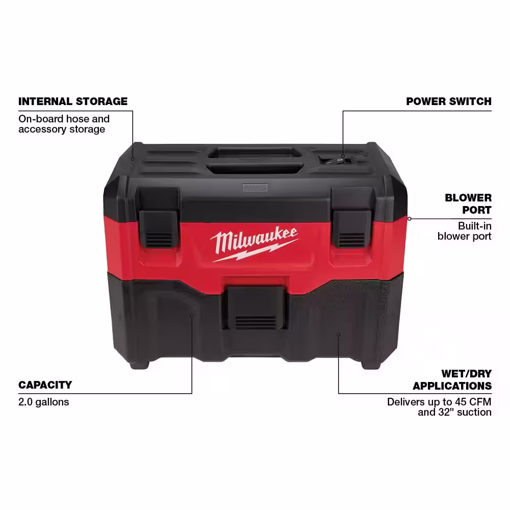 Milwaukee M18 18-Volt 2 Gal. Lithium-Ion Cordless Wet/Dry Vacuum and Wet/Dry Shop Vacuum Tool and Attachment Storage Bag
