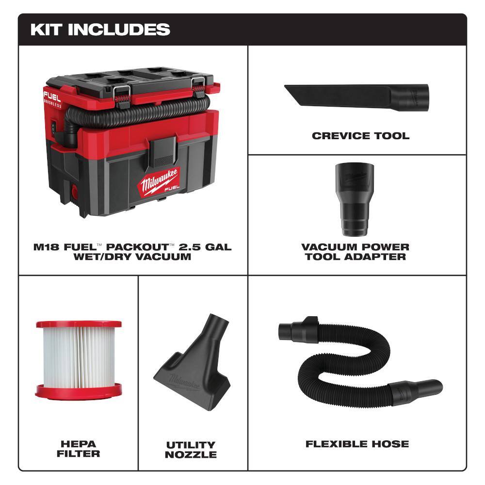 Milwaukee M18 FUEL PACKOUT 18-Volt Lithium-Ion Cordless 2.5 Gal. Wet/Dry Vacuum and AIR-TIP Dust Collector Attachment