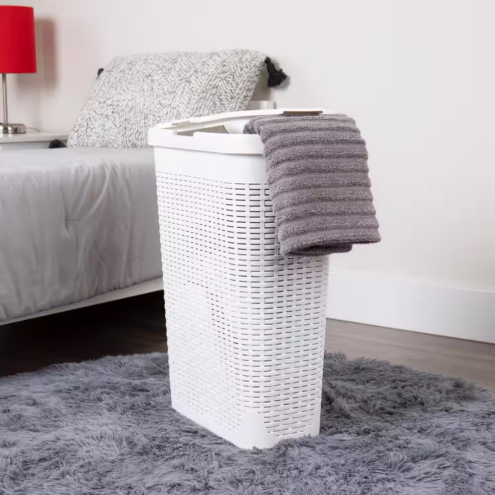 Mind Reader Basket Collection, Slim Laundry Hamper, 40 Liter (15kg/33lbs) Capacity, Cut Out Handles, Attached Hinged Lid, White