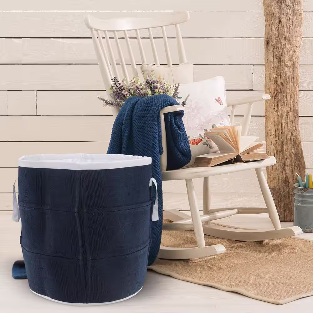 LR Home Valerie Coastal Navy Blue / White Solid Polyester Indoor Outdoor Decorative Storage Basket