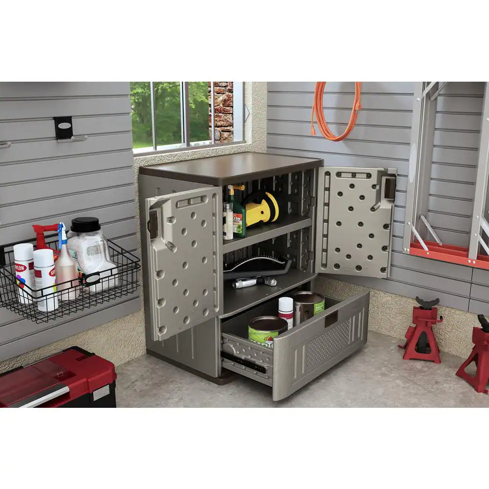 Suncast 30 in. W x 36 in. H x 20 in. D 1-Shelf 1-Drawer Resin Base Storage Freestanding Cabinet in Platinum