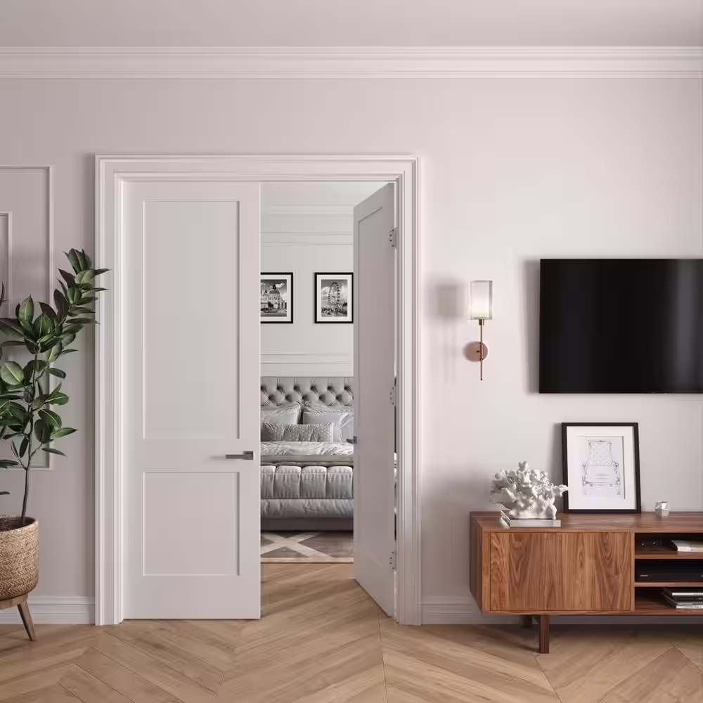 RESO 36 in. x 96 in. Bi-Parting Solid Core Primed White Wood Composite Double Pre-hung interior French Door Polished Nickel