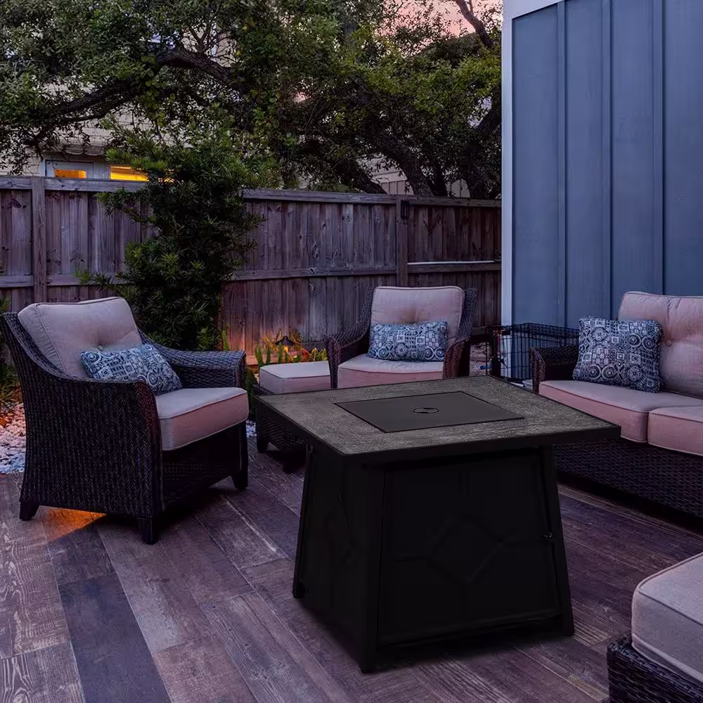 None 28 in. W x 24.8 in. H Square Black Metal Base Propane Gas Fire Pit Table with Gray TerrFab Top