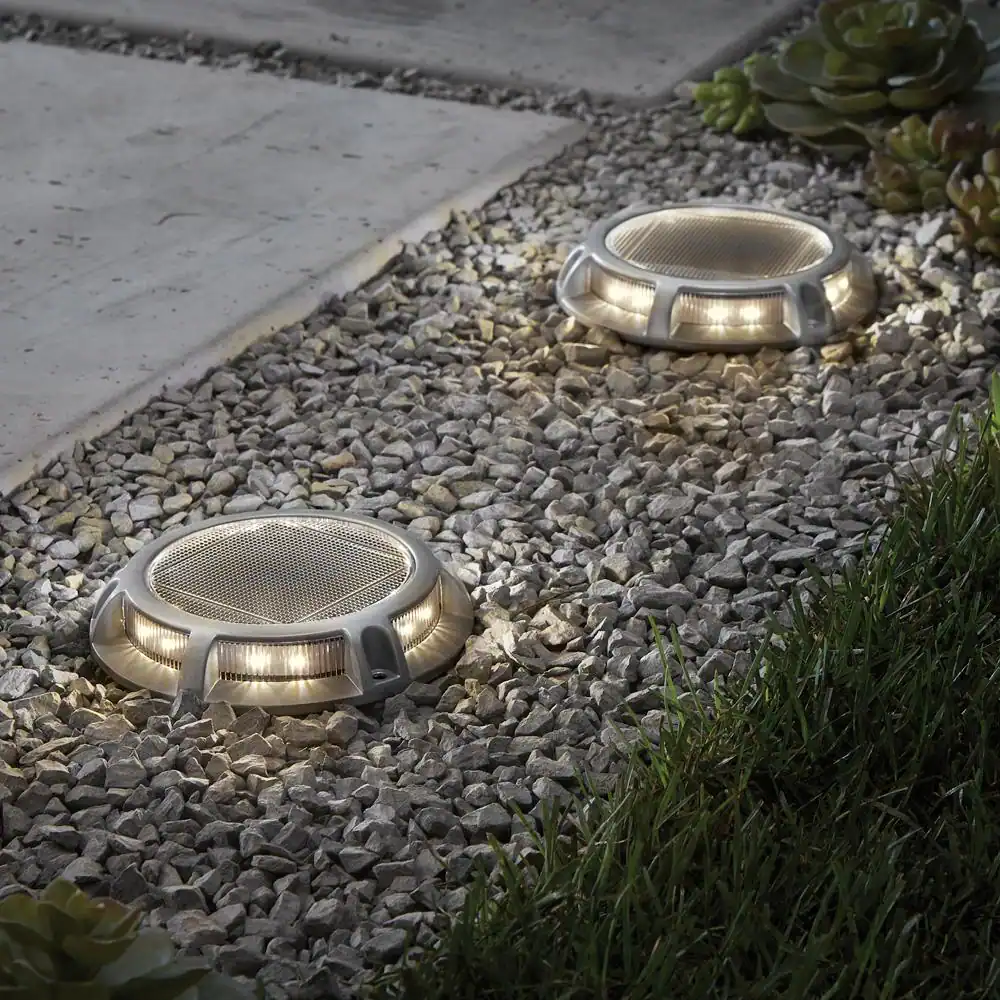 Hampton Bay Solar 15 Lumens Silver Integrated LED In-Ground Disk Path Light with Textured Lens (4-Pack); Weather/Rust Resistant