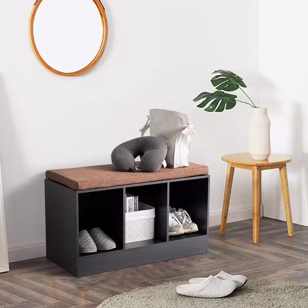 HONEY JOY 18.5 in. H 3-Pair Black Wood Shoe Rack with Removable Cushion