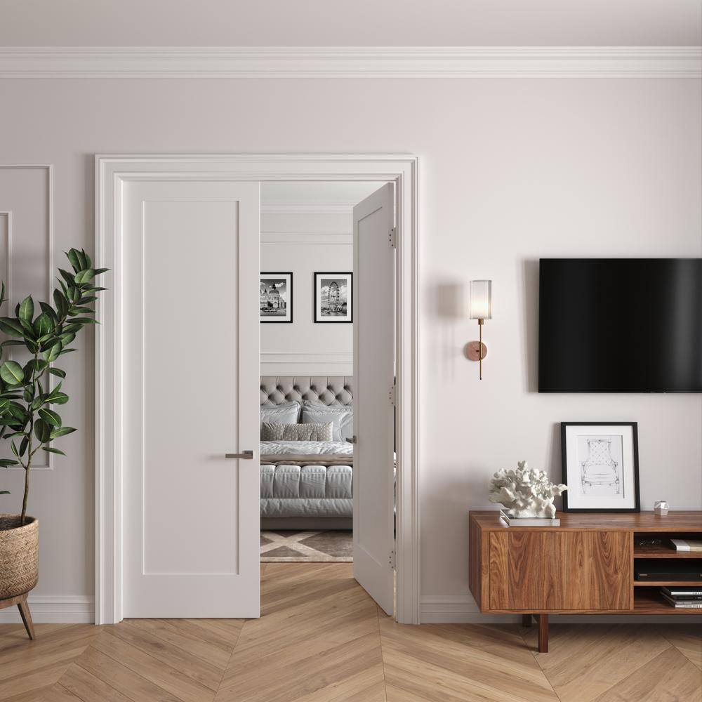 RESO 56 In. x 96 In.Bi-Parting Solid Core Primed White Composite Double Pre-hung French Door Catch Ball Polished Nickel Hinge