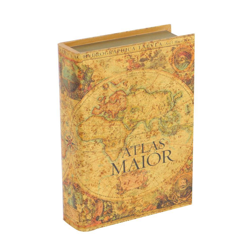 Litton Lane Rectangle Wood Faux Book Box with World Map Cover (Set of 3)