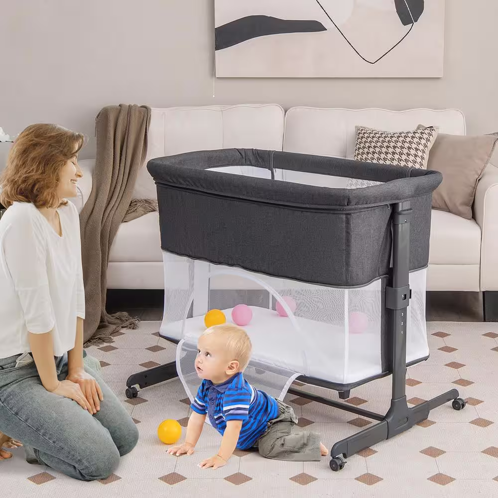 Costway 3-in-1 Baby Bassinet and Bedside Sleeper with Mattress Adjustable Portable Playard Grey plus White
