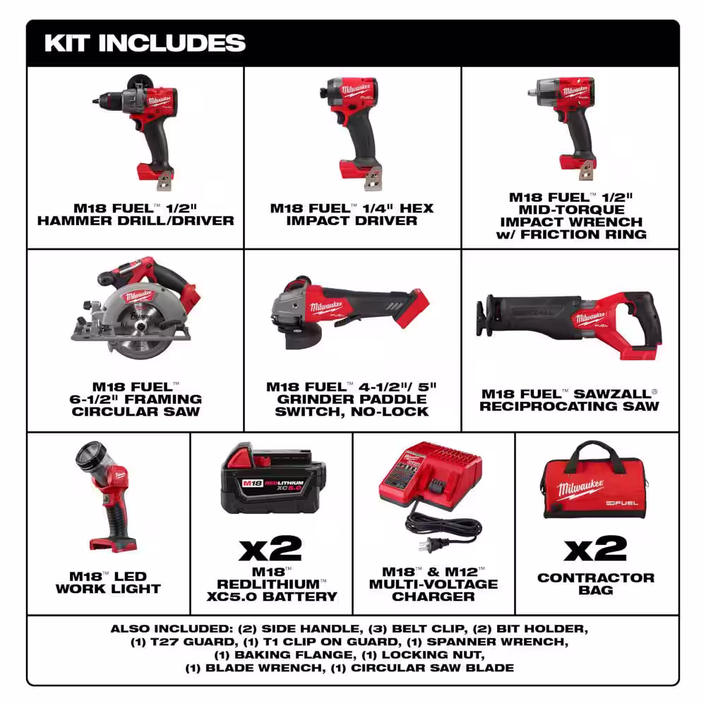 Milwaukee M18 FUEL 18V Lithium-Ion Brushless Cordless Combo Kit W/(2) 5.0Ah Batteries, Charger & (2) Tool Bags (10-Tool)