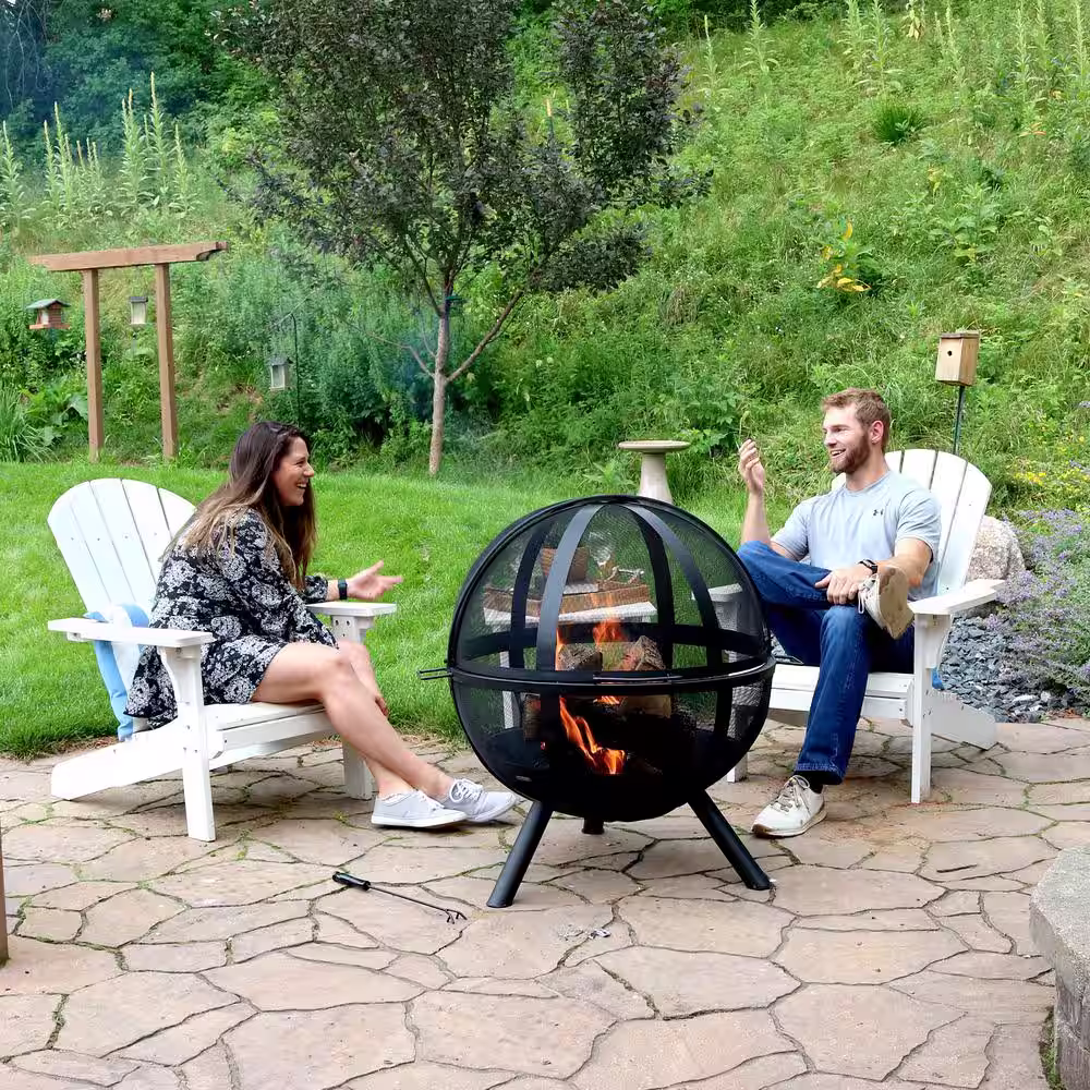 Sunnydaze Decor Flaming Ball 30 in. x 36 in. Round Steel Wood Burning Fire Pit in Black with Cover