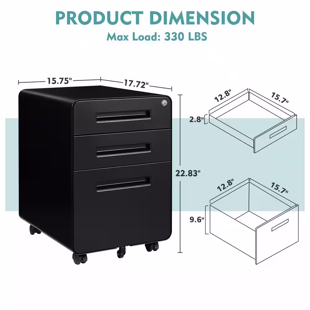 Mlezan Black 3-Drawer Mobile File Cabinet with Lock 17.7 in. D x 15.7 in. W x 22.8 in. H Deep Storage Drawer for Letter Legal