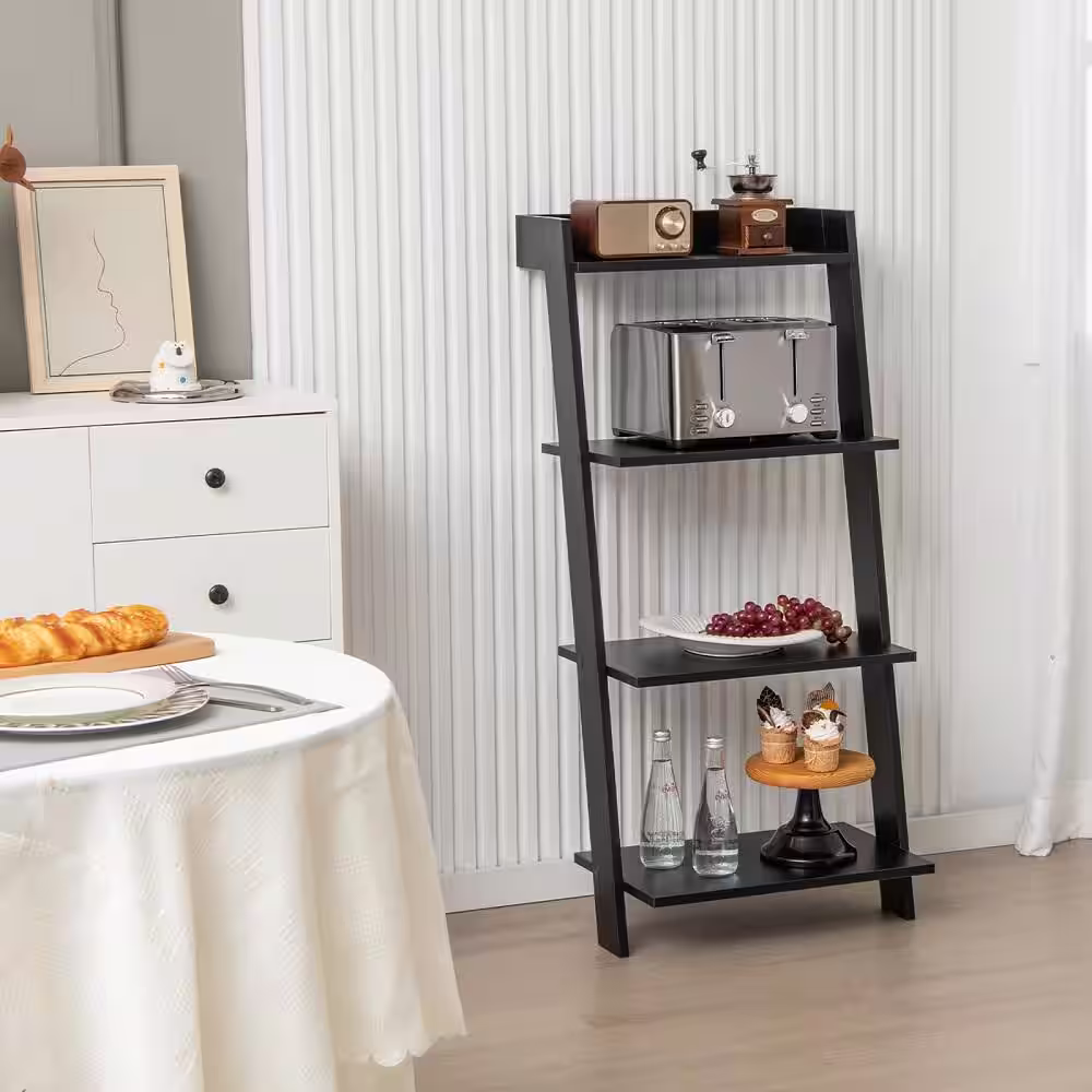 HONEY JOY 19.5 in. W x 43 in. H x 17.5 in. D Black 4-Tier Ladder Shelf Wooden Leaning Bookshelf Display Rack Modern Shelving Unit