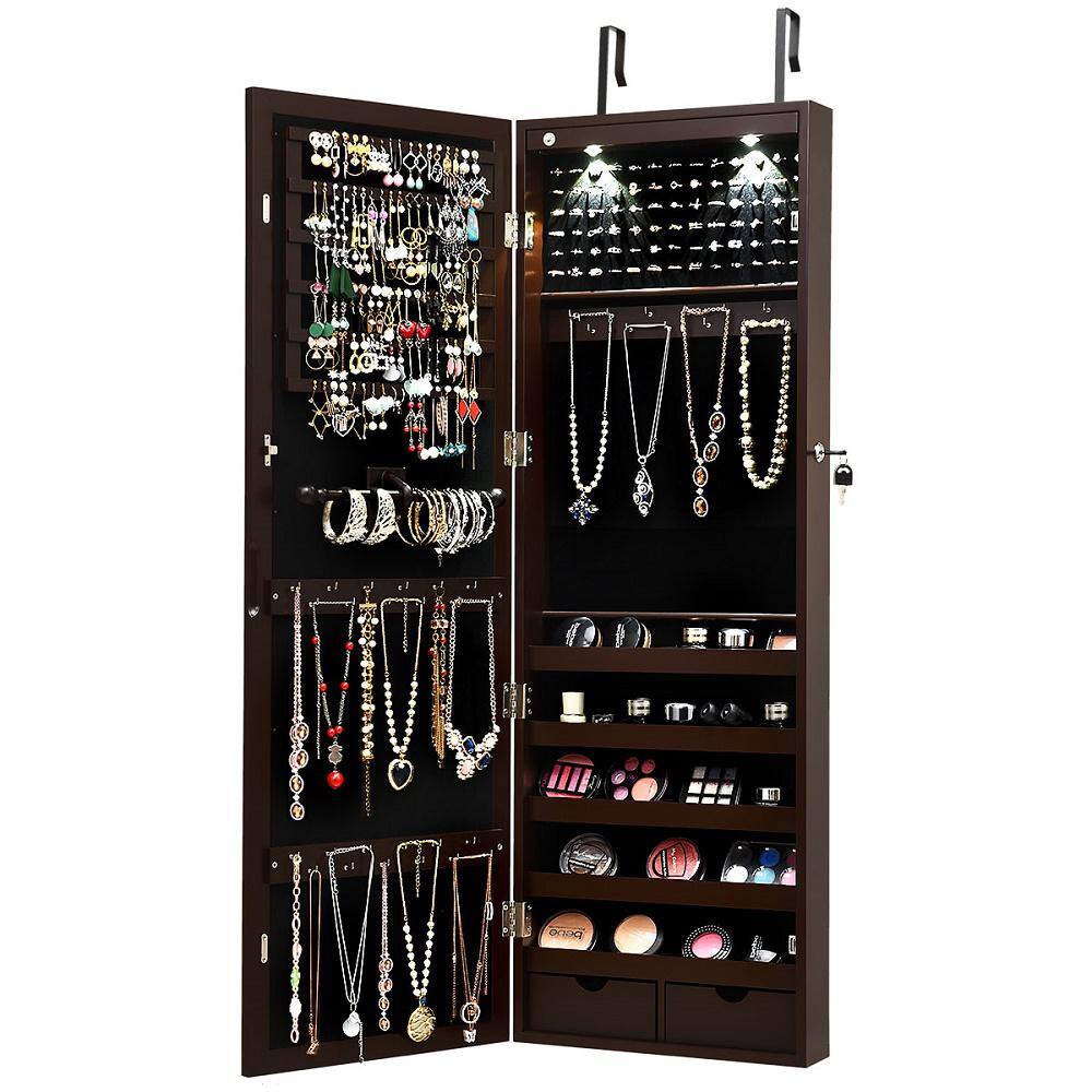 Costway Jewelry Box Wall Moun Mirrored Cabinet Armoire Organizer Storage with LED Lights Christmas Gift